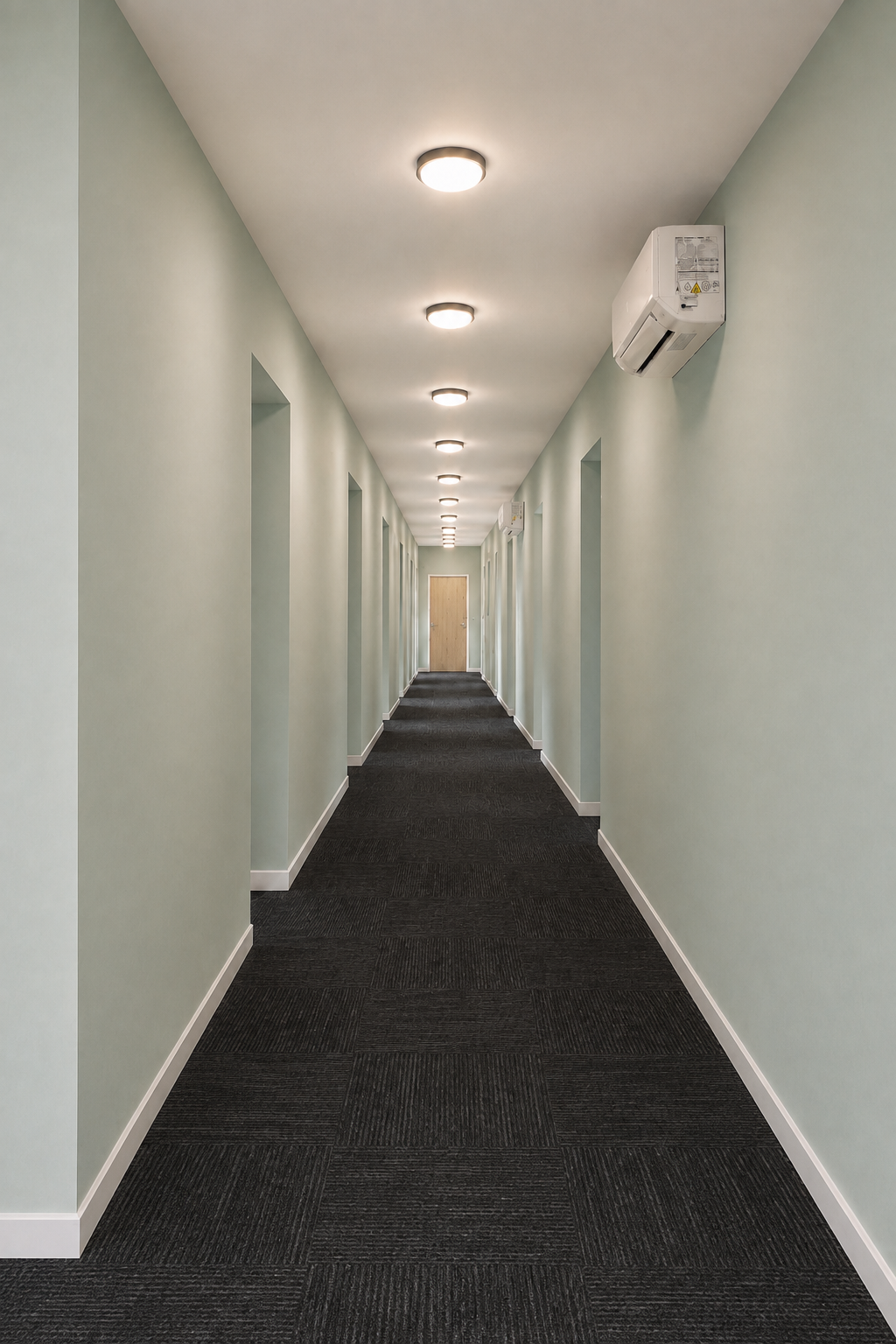Residential hallway with sage green walls and carpeted flooring