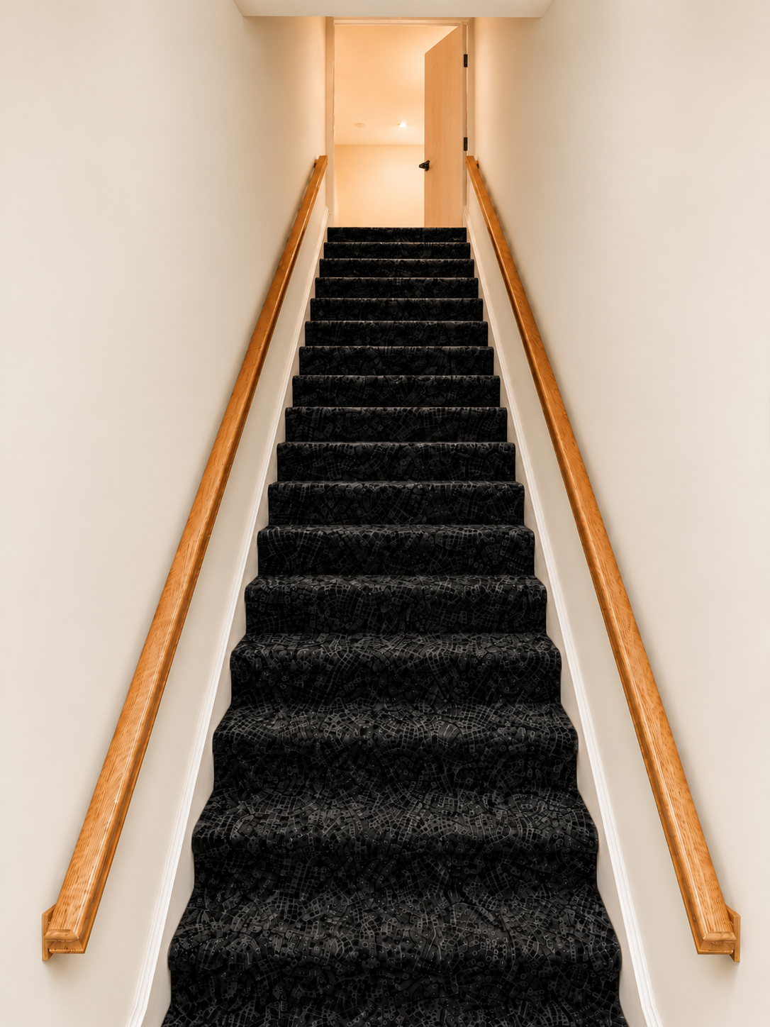 Interior stairwell with patterned black carpet and oak handrails