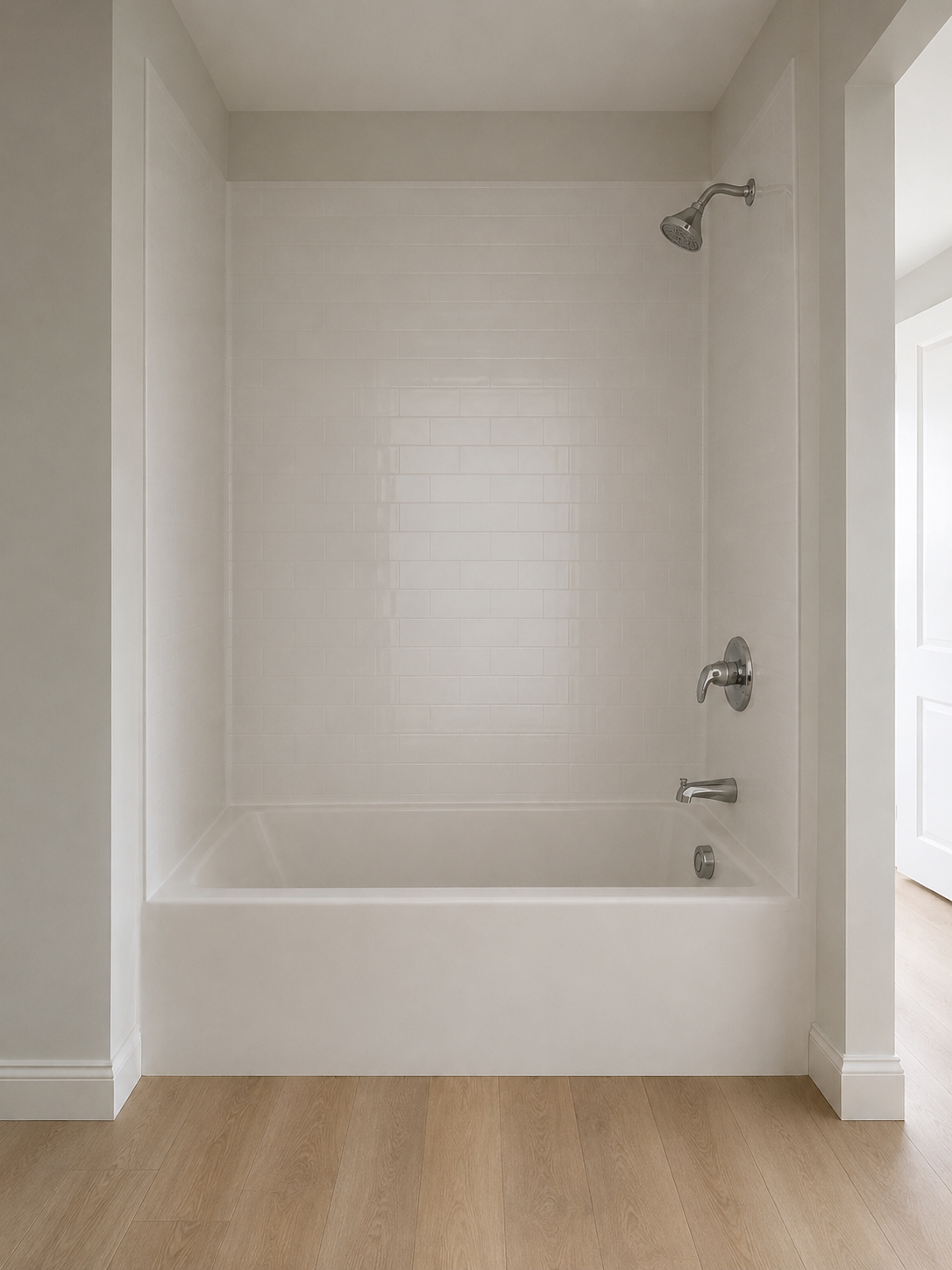 Bathroom with subway-tiled tub and shower
