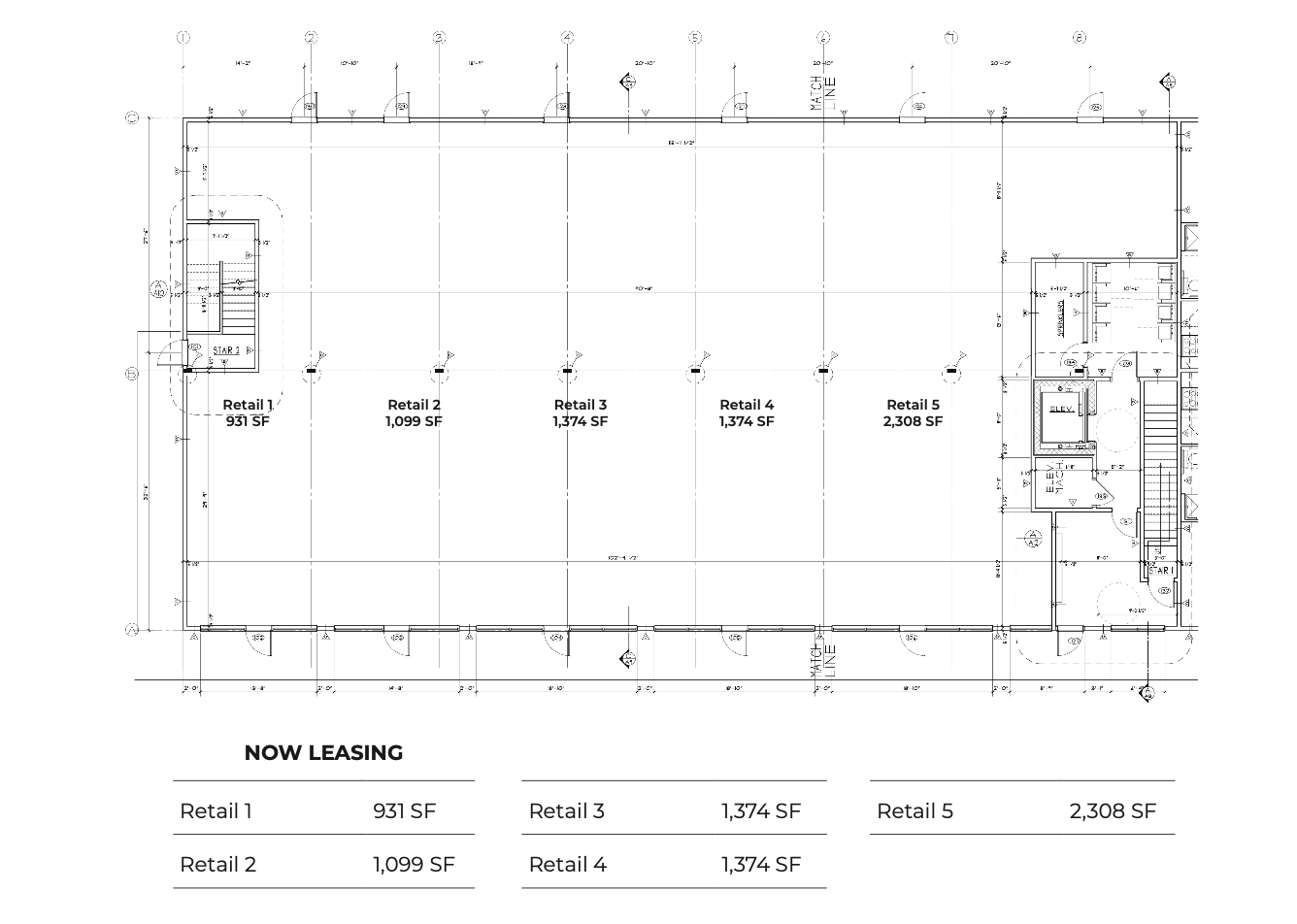 Retail floor plan for Prospect Square showing five available suites from 931 to 2,308 square feet